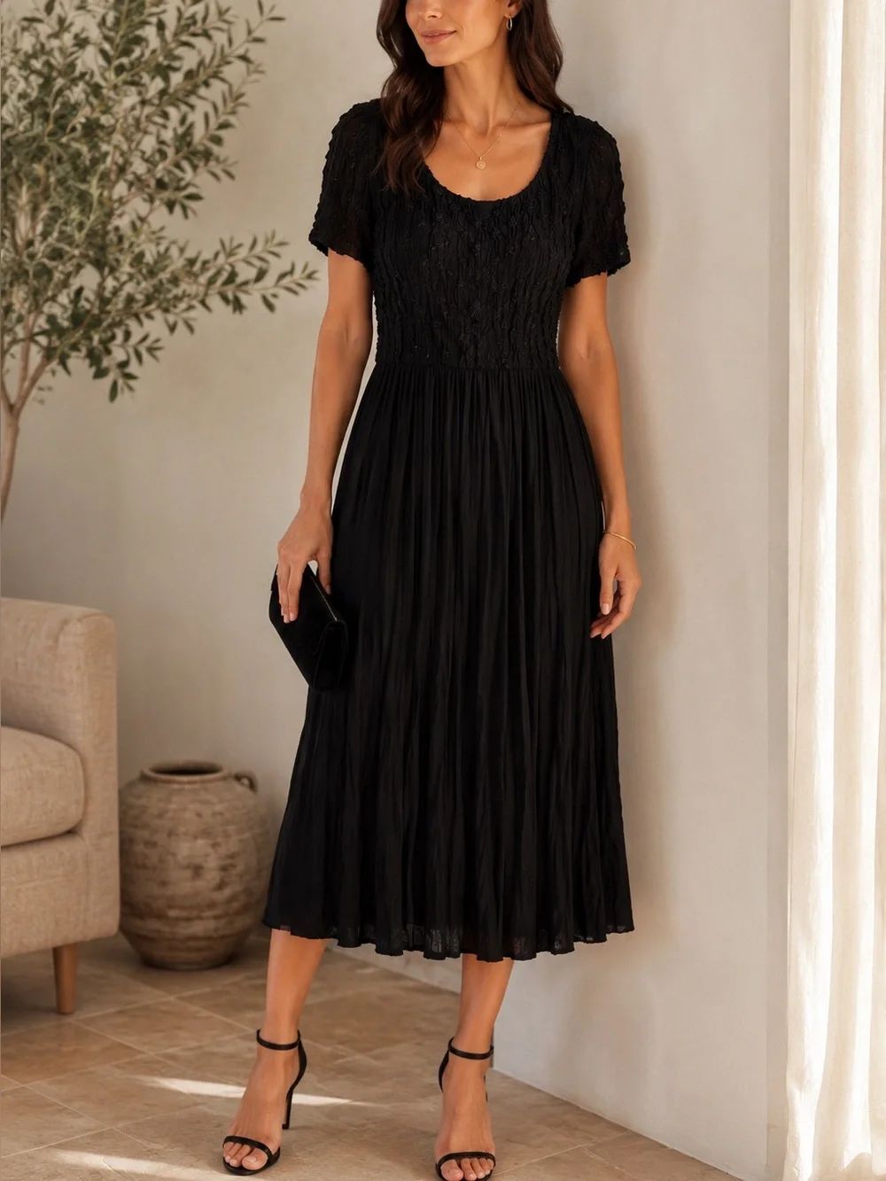 Jeffrey & Dara Linda Hutley Black Textured Pucker Waist Midi Dress 10 Vintage
